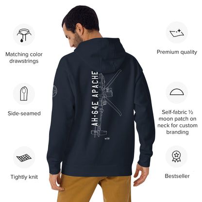 Hand-drawn schematic of the BOEING AH-64E APACHE GUARDIAN printed on a unisex hoodie.