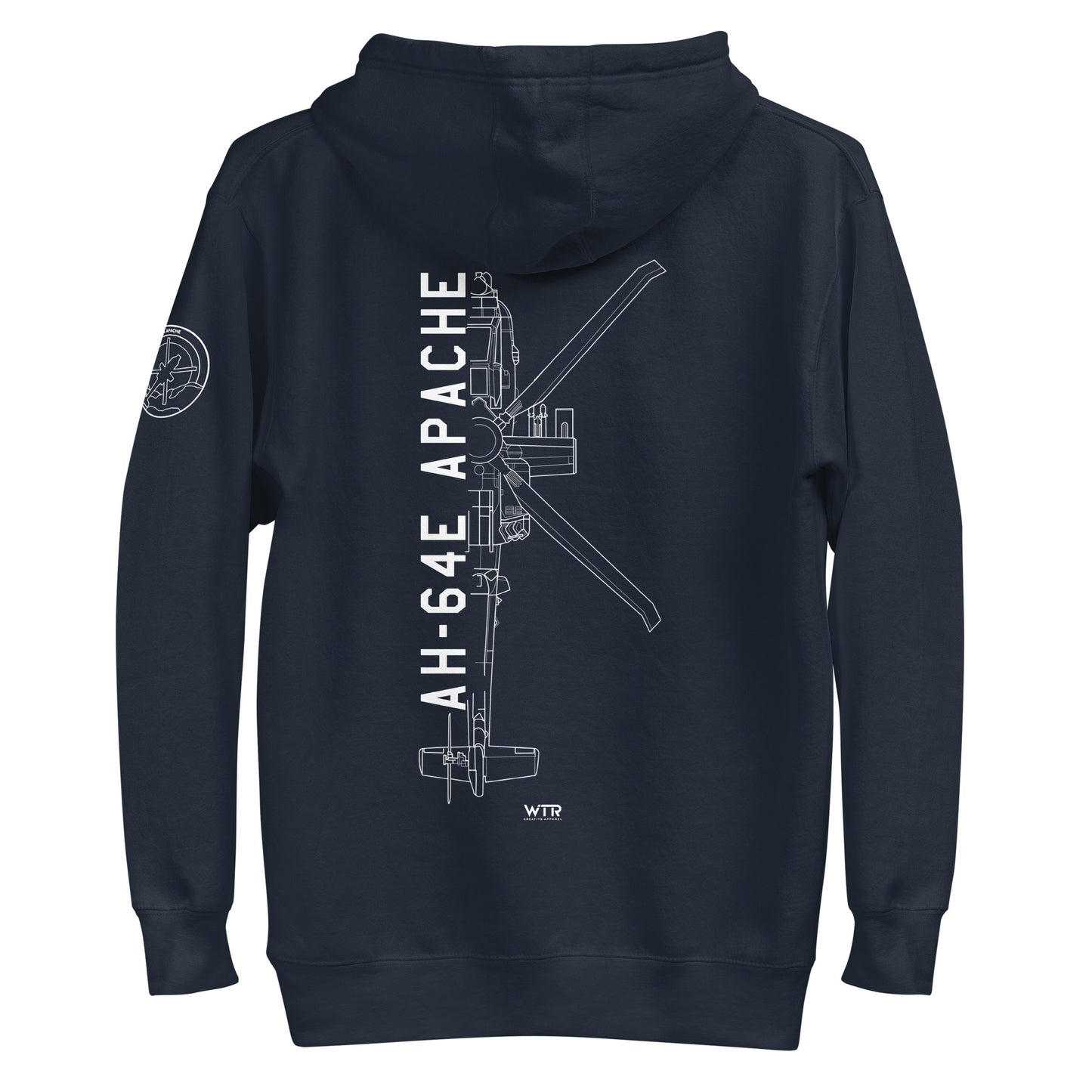 Hand-drawn schematic of the BOEING AH-64E APACHE GUARDIAN printed on a unisex hoodie.