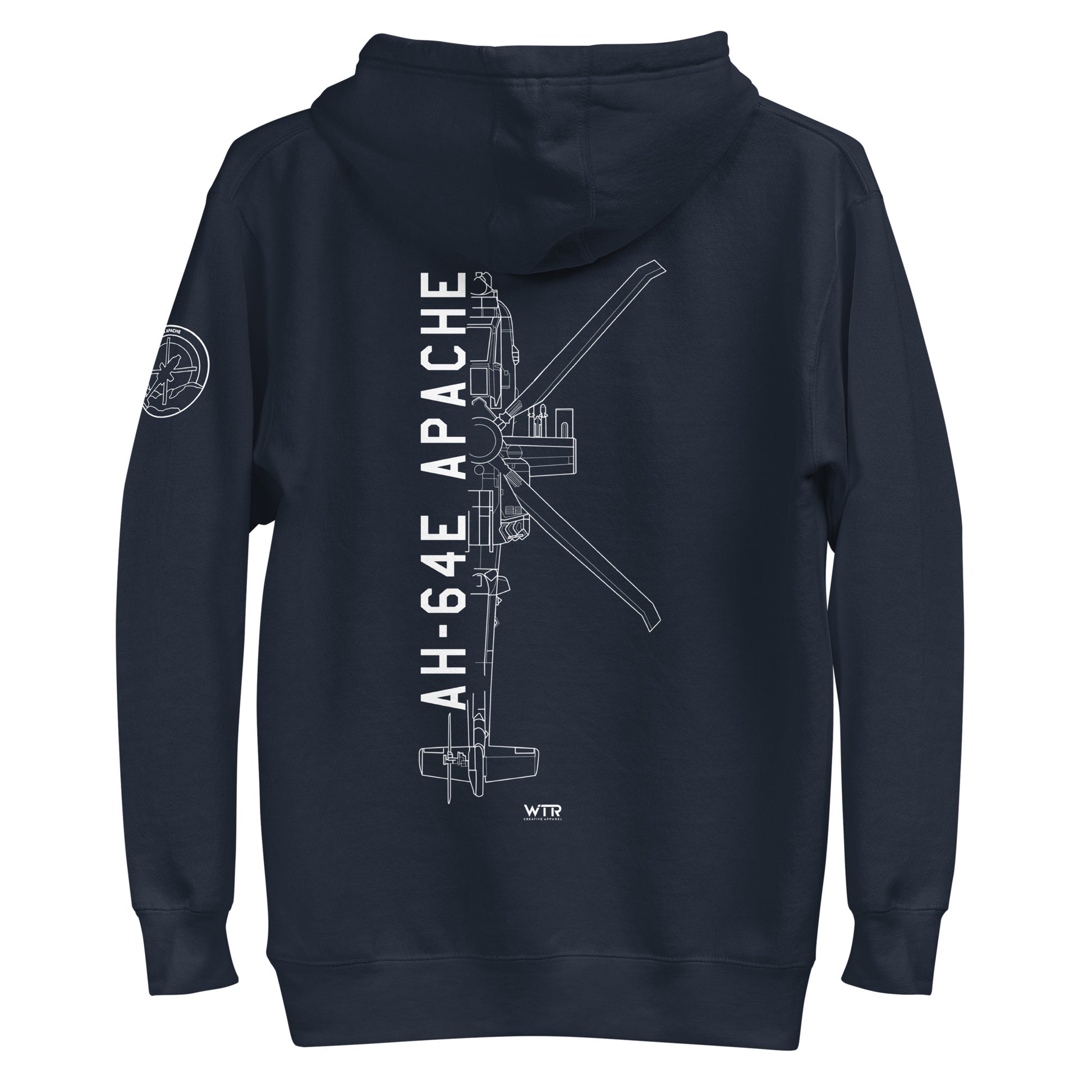 Hand-drawn schematic of the BOEING AH-64E APACHE GUARDIAN printed on a unisex hoodie.