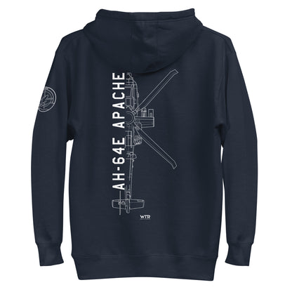 Hand-drawn schematic of the BOEING AH-64E APACHE GUARDIAN printed on a unisex hoodie.