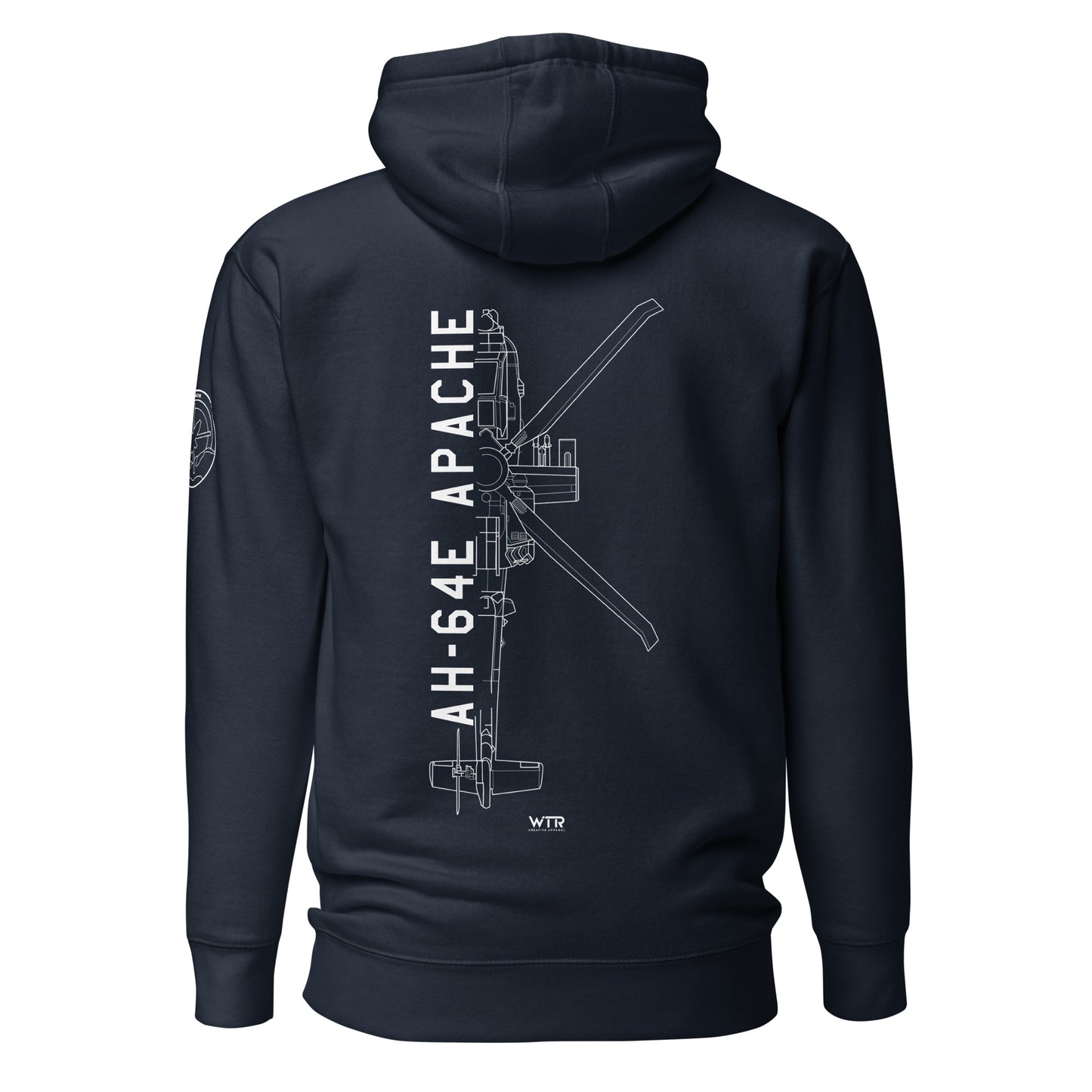 Hand-drawn schematic of the BOEING AH-64E APACHE GUARDIAN printed on a unisex hoodie.