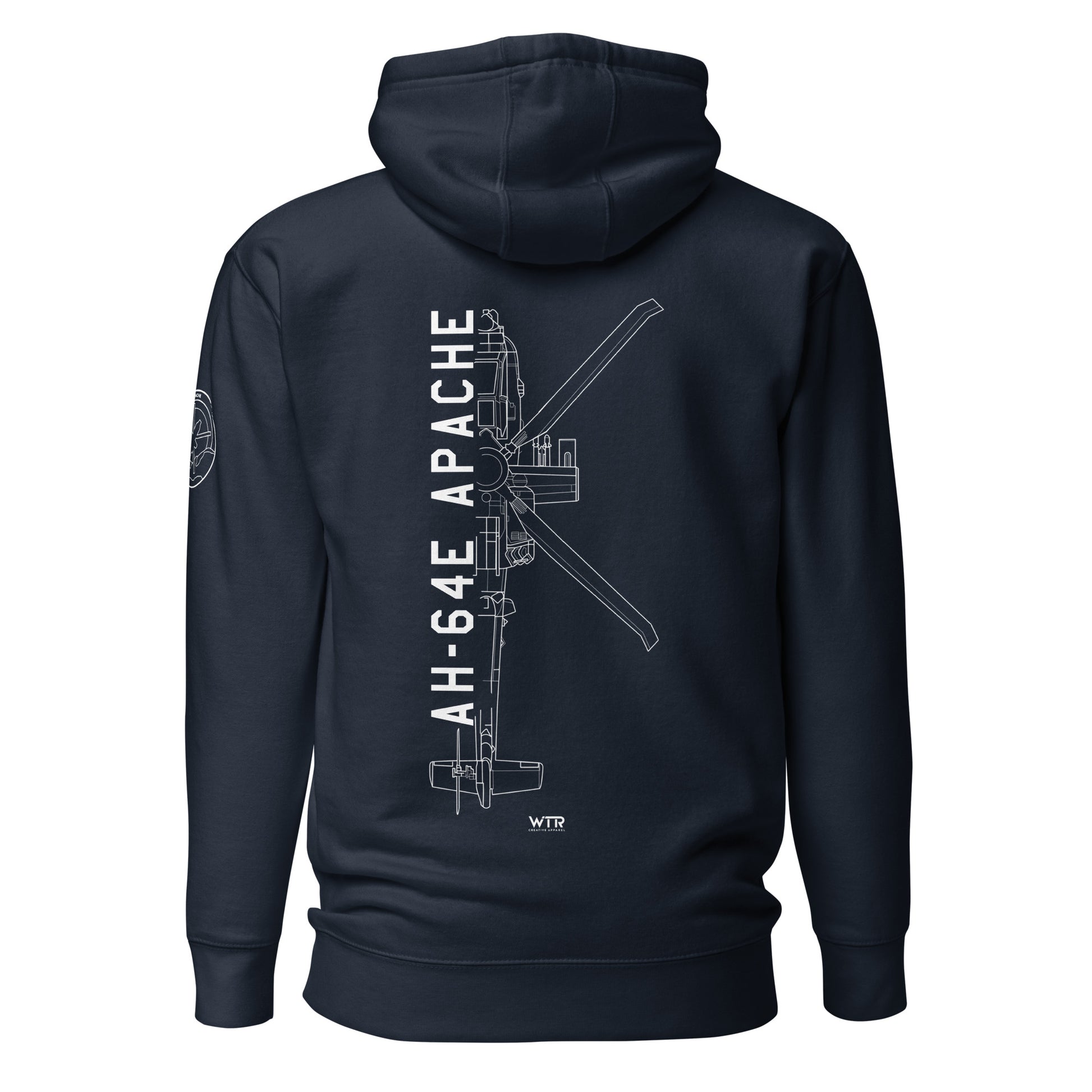Hand-drawn technical schematic of the Boeing AH-64E Apache Guardian attack helicopter printed on a unisex hoodie.