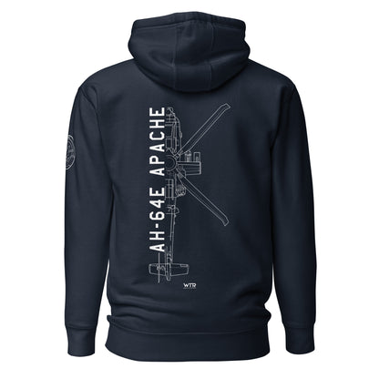 Hand-drawn schematic of the BOEING AH-64E APACHE GUARDIAN printed on a unisex hoodie.