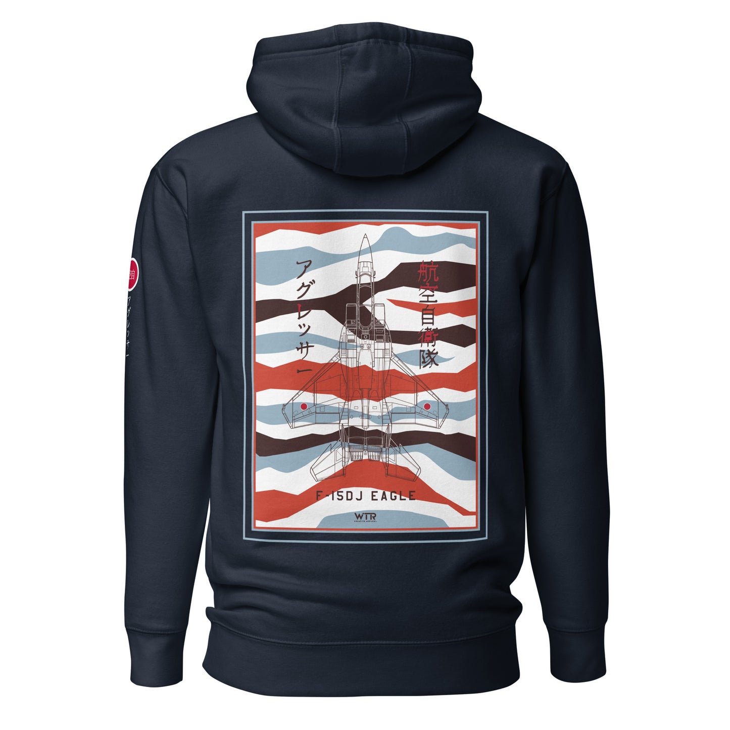 Hand-drawn schematic of the Mitsubishi F-15DJ Eagle Aggressor Minokasago Lionfish camouflage livery printed on a unisex hoodie.