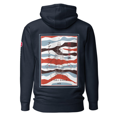Hand-drawn schematic of the Mitsubishi F-15DJ Eagle Aggressor Minokasago Lionfish camouflage livery printed on a unisex hoodie.