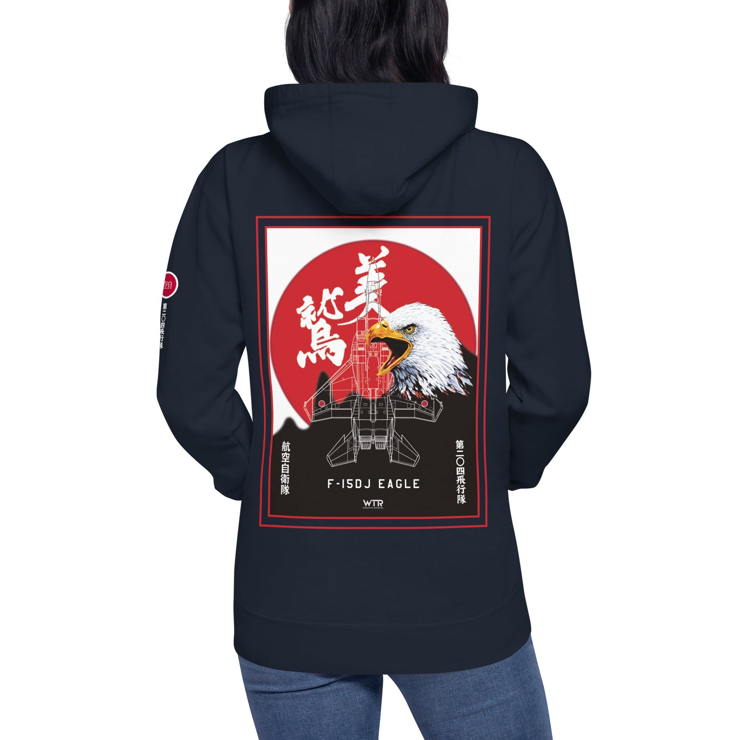 Hand-drawn schematic of the Mitsubishi F-15J Eagle 204th Tactical Fighter Squadron 2024 Churashima Air Fiesta livery on a hoodie.