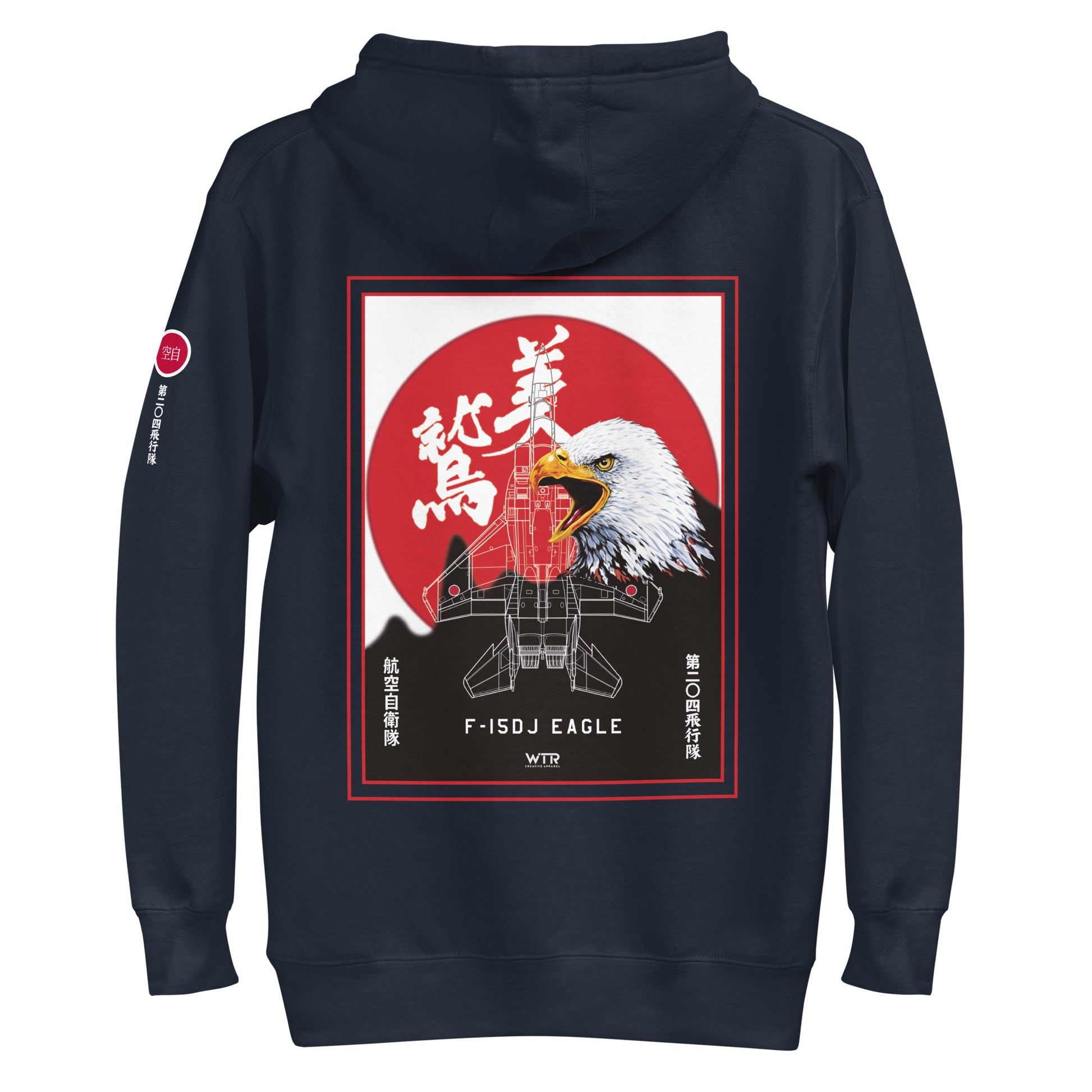 Hand-drawn schematic of the Mitsubishi F-15J Eagle 204th Tactical Fighter Squadron 2024 Churashima Air Fiesta livery on a hoodie.