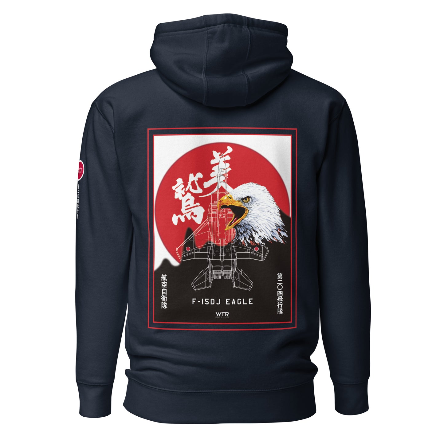 Hand-drawn schematic of the Mitsubishi F-15J Eagle 204th Tactical Fighter Squadron 2024 Churashima Air Fiesta livery on a hoodie.