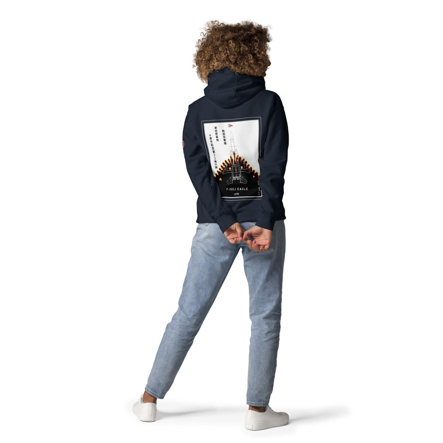 Hand-drawn schematic of the Mitsubishi F-15DJ Eagle 23rd Fighter Squadron 10th Anniversary Flame Edition livery on a unisex hoodie.