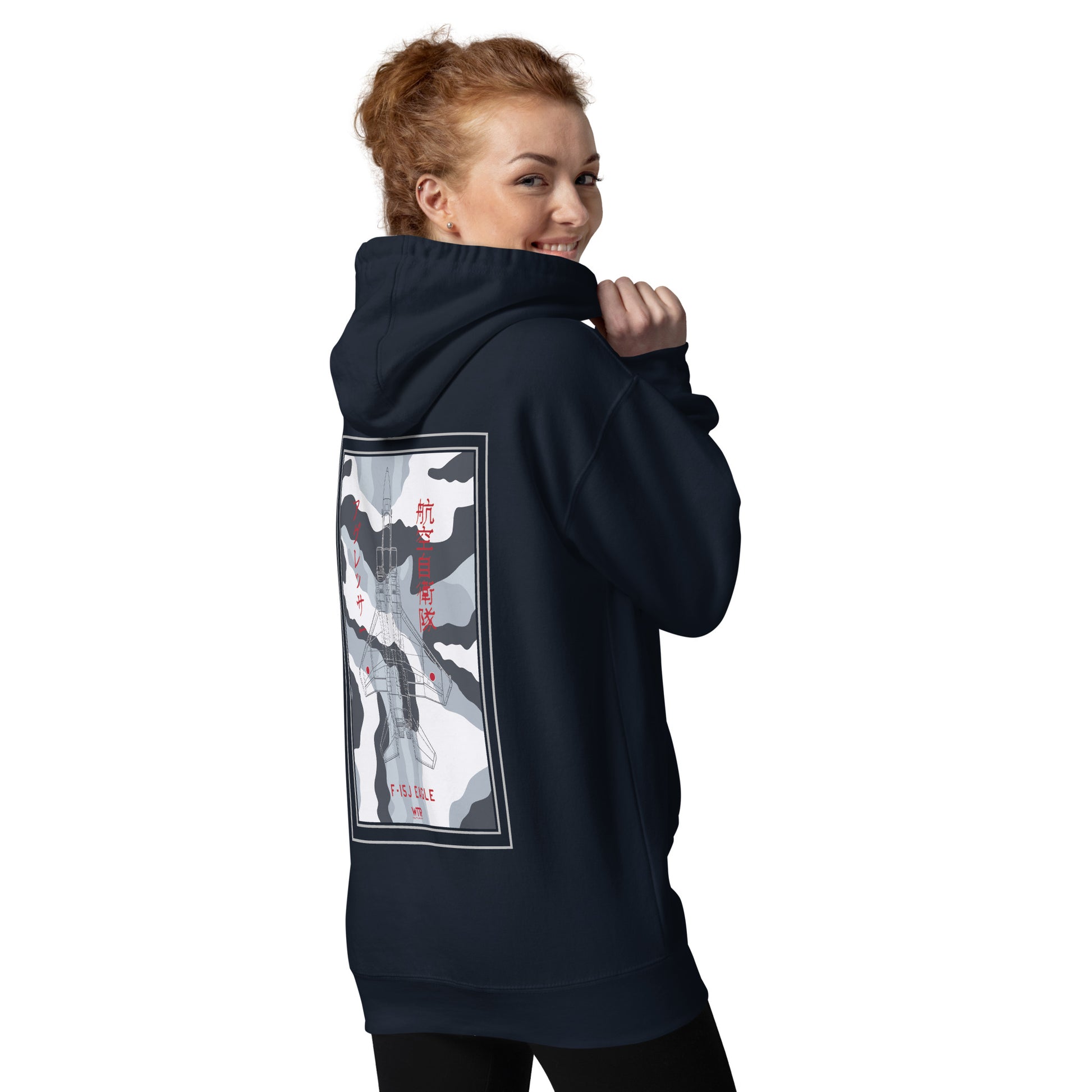 Hand-drawn technical schematic of the Mitsubishi F-15J Eagle JSDAF Aggressor camouflage livery printed on a unisex hoodie.