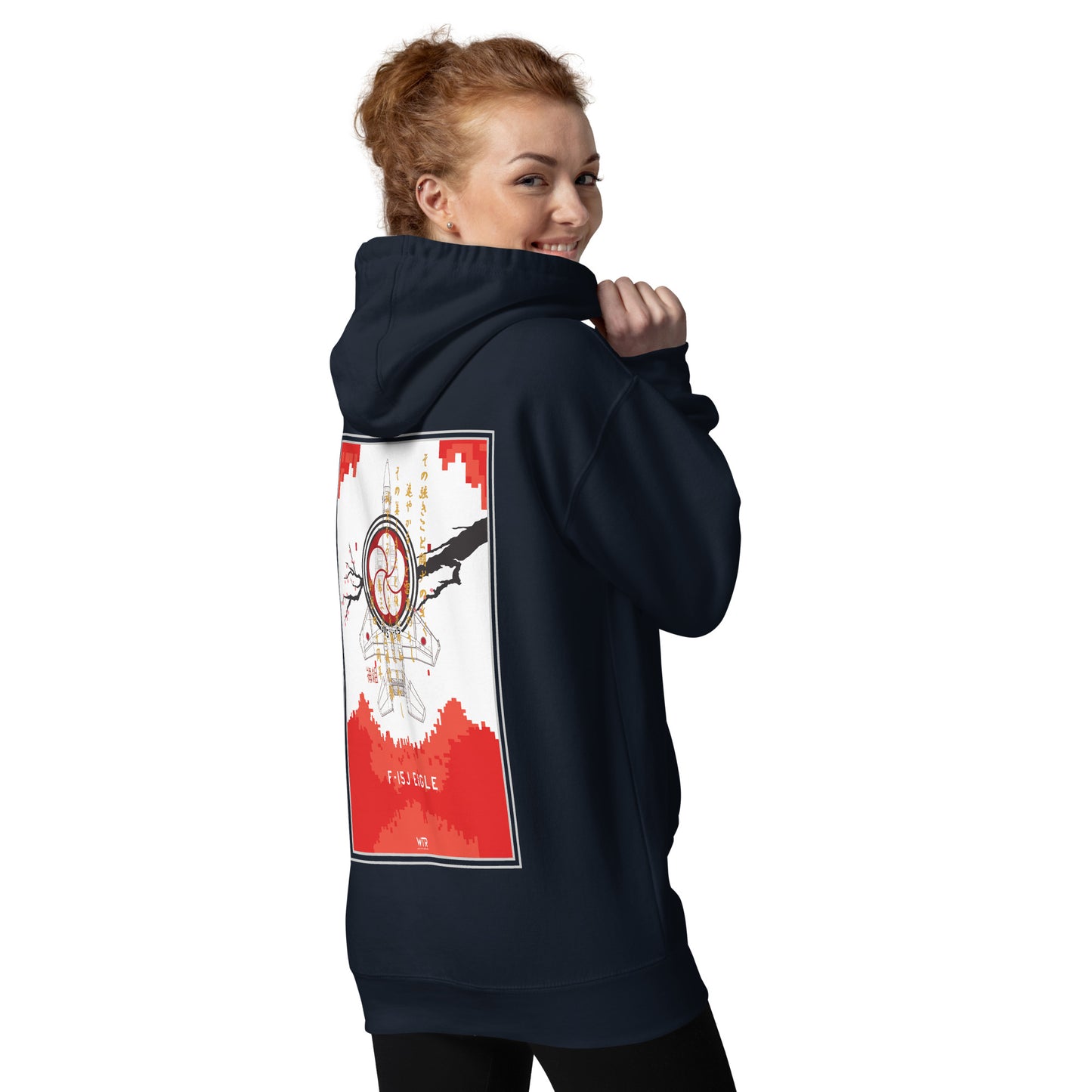Hand-drawn schematic of the Mitsubishi F-15J Eagle 305th Tactical Fighter Squadron 40 Years Anniversary livery on a unisex hoodie.