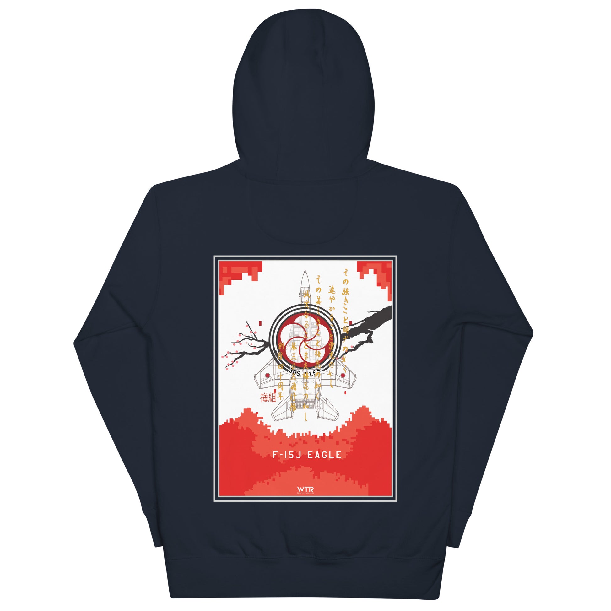Hand-drawn schematic of the Mitsubishi F-15J Eagle 305th Tactical Fighter Squadron 40 Years Anniversary livery on a unisex hoodie.