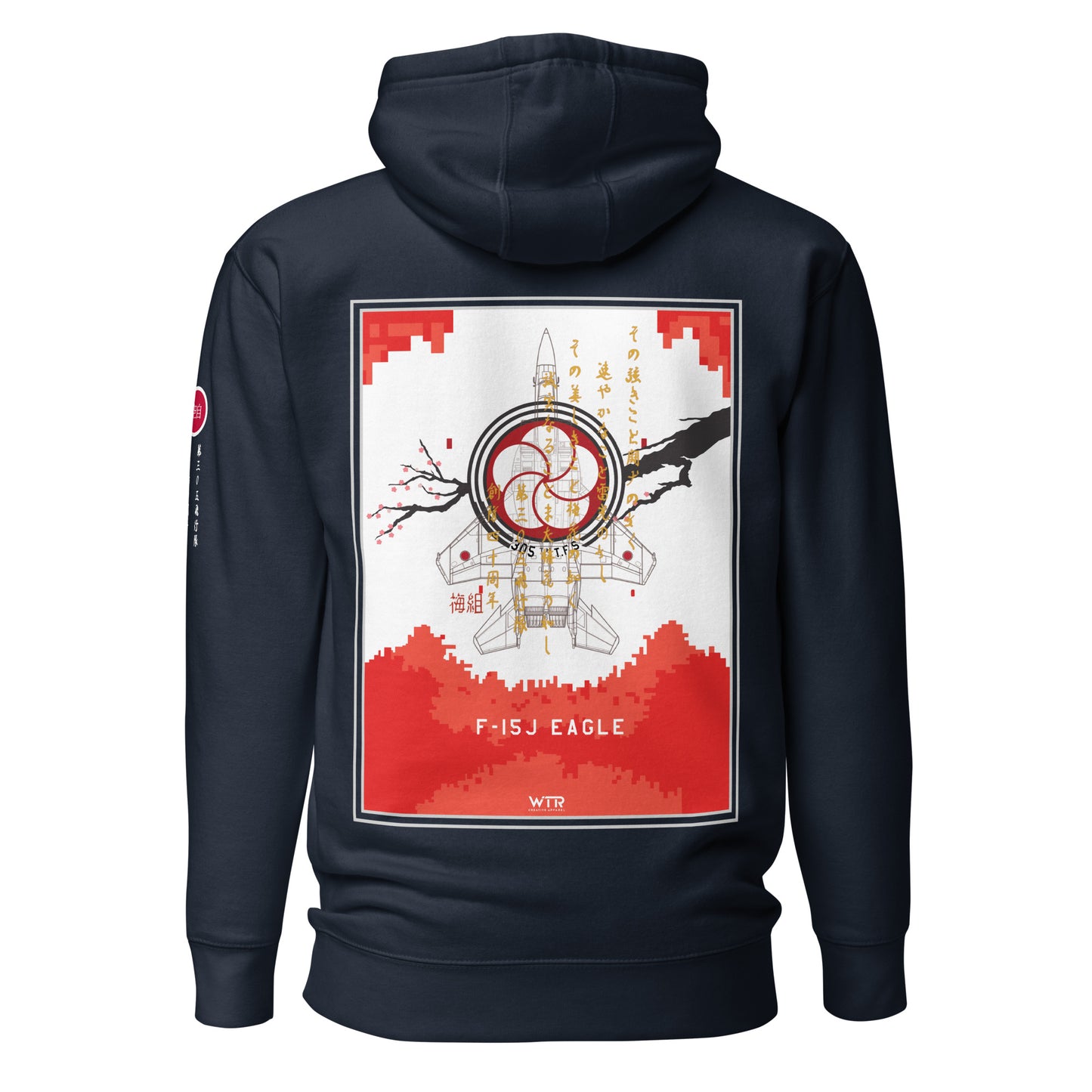 Hand-drawn schematic of the Mitsubishi F-15J Eagle 305th Tactical Fighter Squadron 40 Years Anniversary livery on a unisex hoodie.