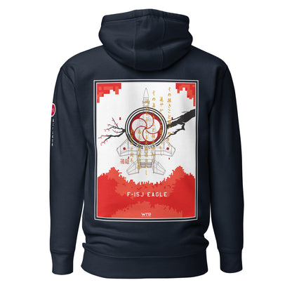 Hand-drawn schematic of the Mitsubishi F-15J Eagle 305th Tactical Fighter Squadron 40 Years Anniversary livery on a unisex hoodie.