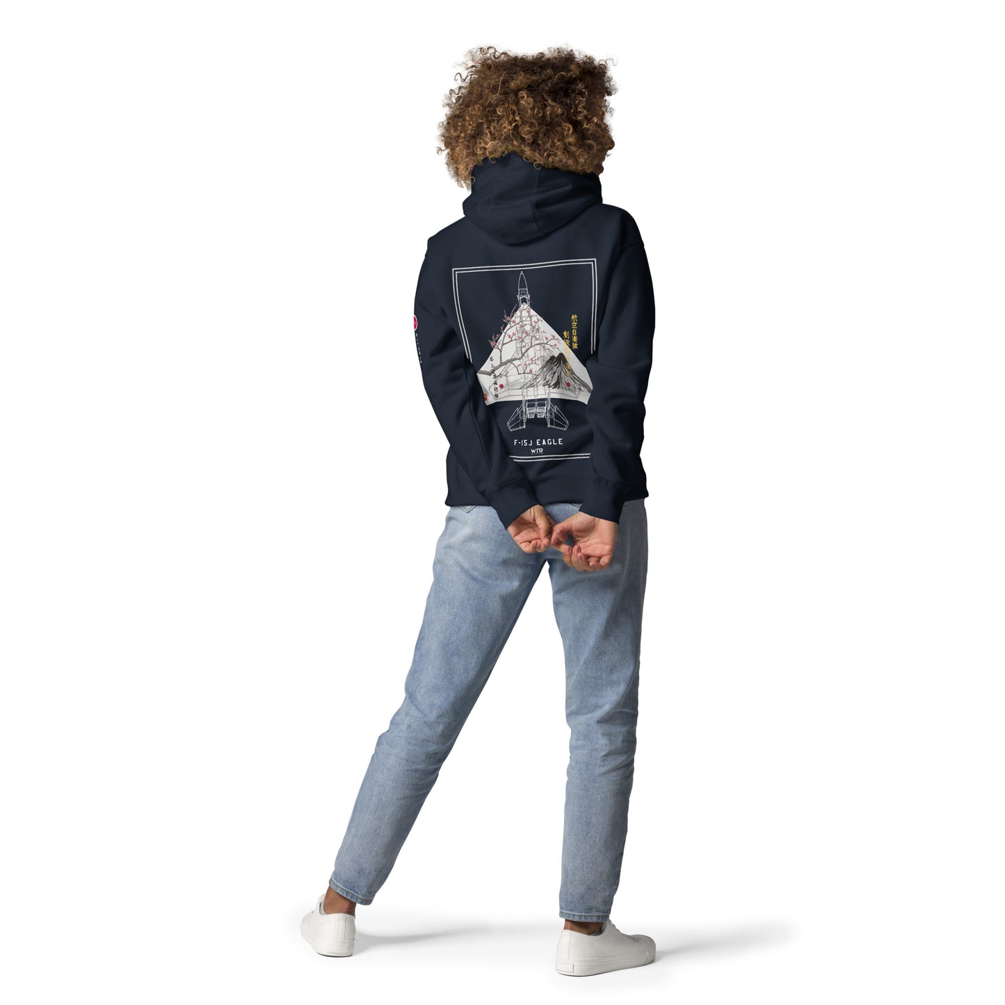 Hand-drawn schematic of the Mitsubishi F-15J Eagle 305th Tactical Fighter Squadron 50 Years Anniversary livery on a unisex hoodie.