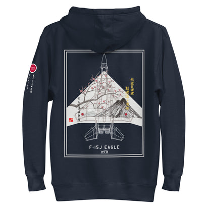 Hand-drawn schematic of the Mitsubishi F-15J Eagle 305th Tactical Fighter Squadron 50 Years Anniversary livery on a unisex hoodie.