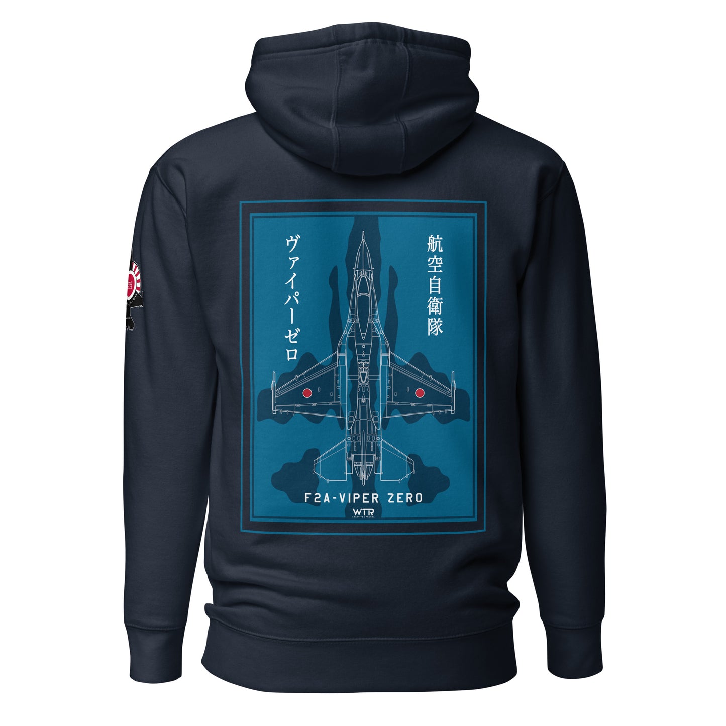 Hand-drawn schematic of the Mitsubishi F-2A Viper Zero in Maritime Blue Camouflage livery printed on a comfortable unisex hoodie.