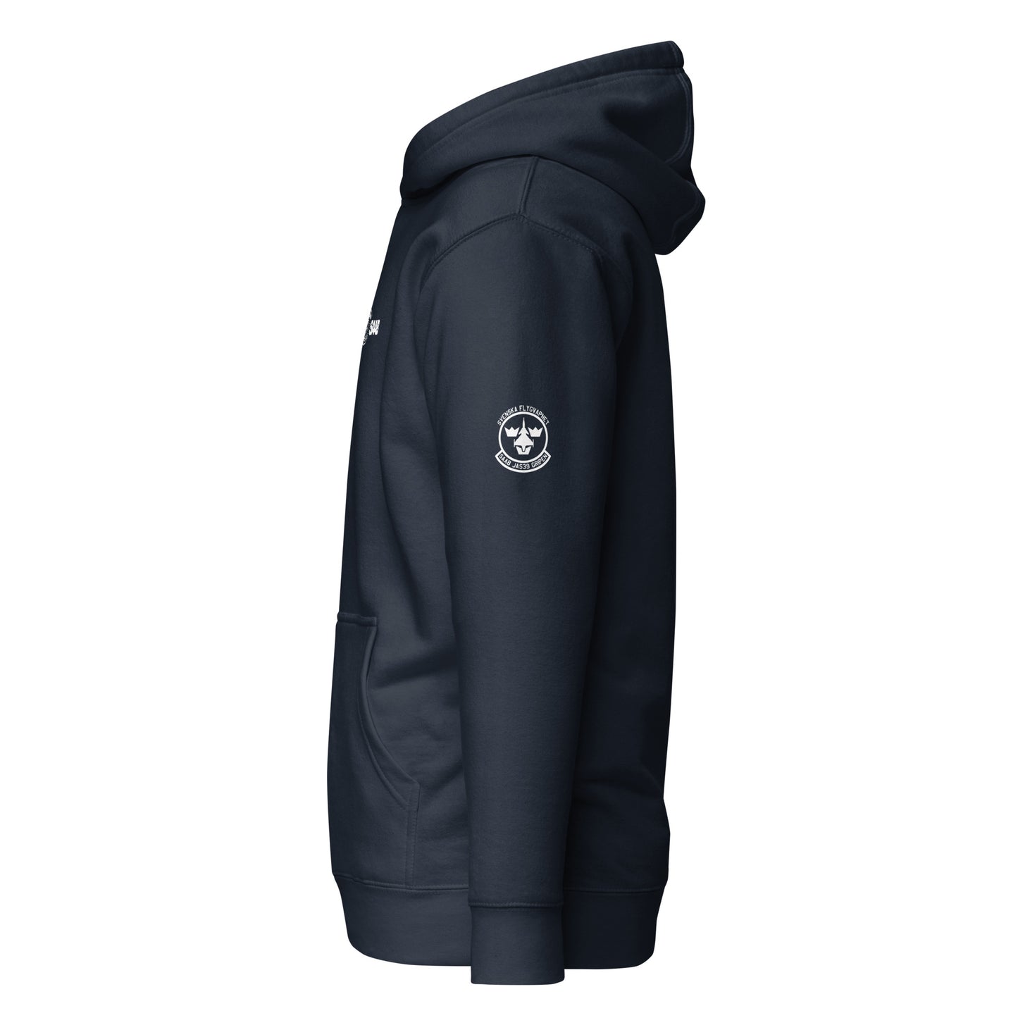 Hand-drawn schematic of the SAAB JAS 39 GRIPEN printed on a unisex hoodie.