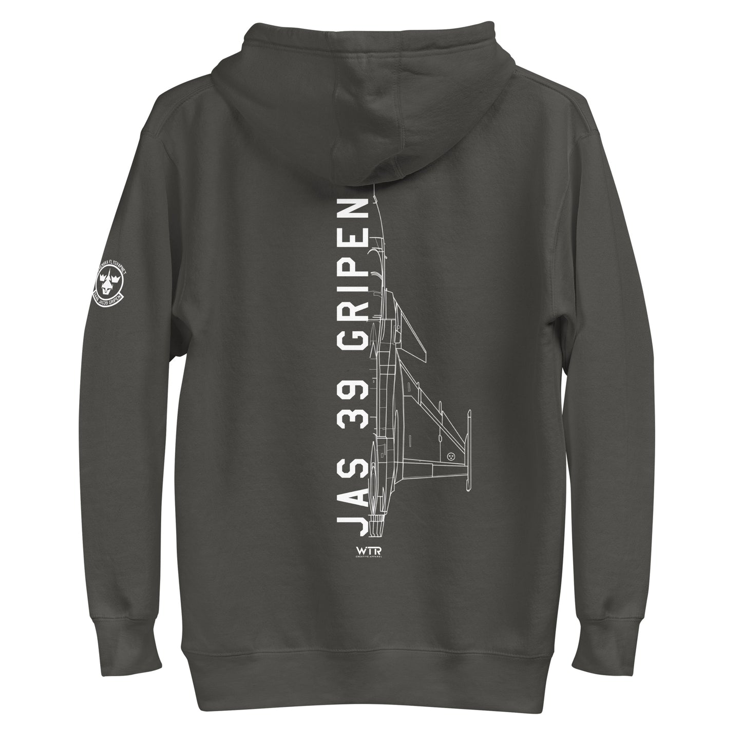 Hand-drawn schematic of the SAAB JAS 39 GRIPEN printed on a unisex hoodie.