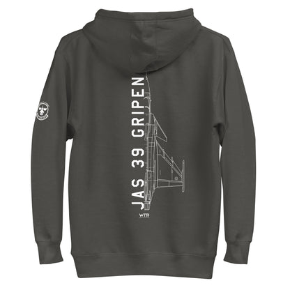 Hand-drawn schematic of the SAAB JAS 39 GRIPEN printed on a unisex hoodie.