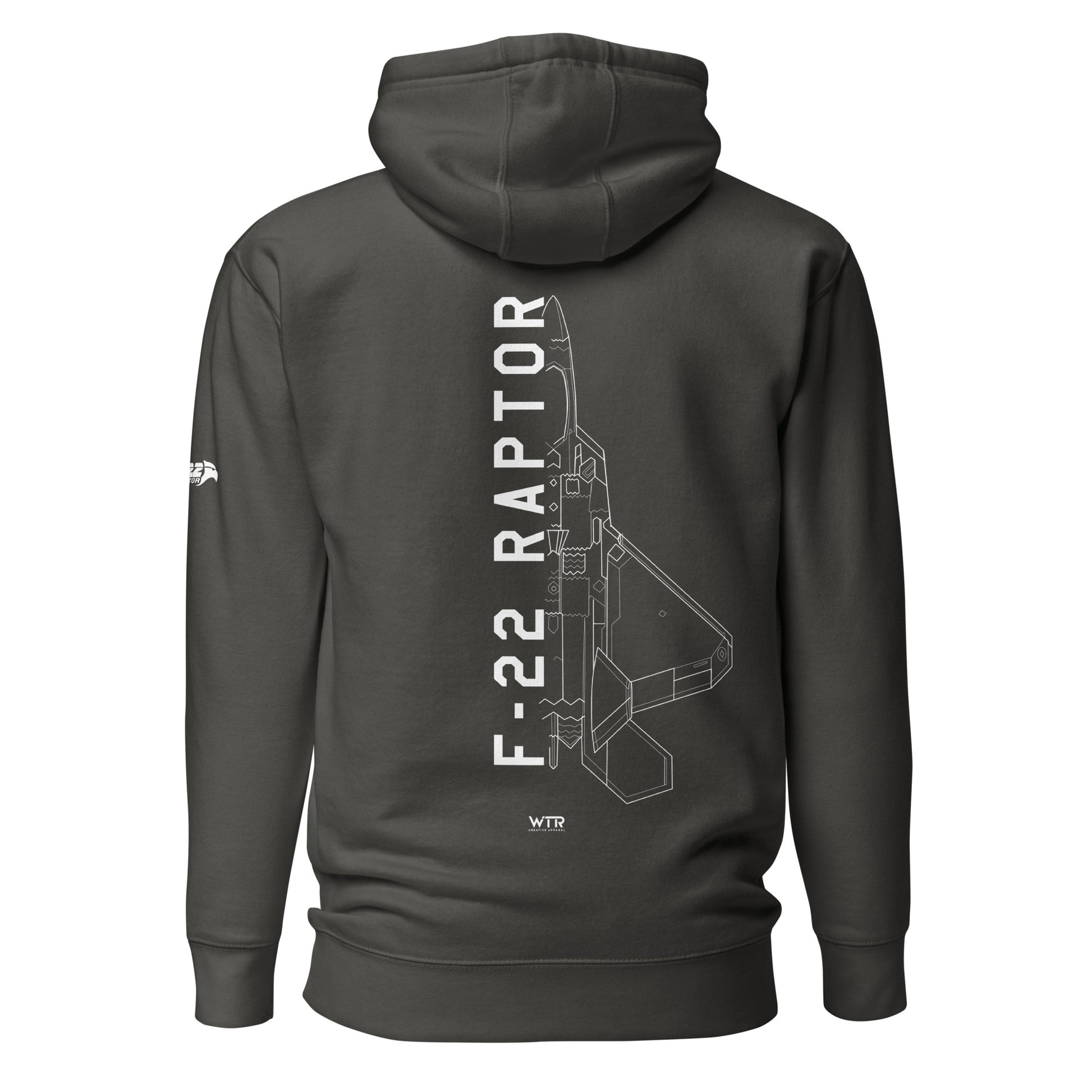 Hand-drawn technical schematic of the Lockheed Martin F-22 Raptor air superiority fighter on a unisex hoodie.