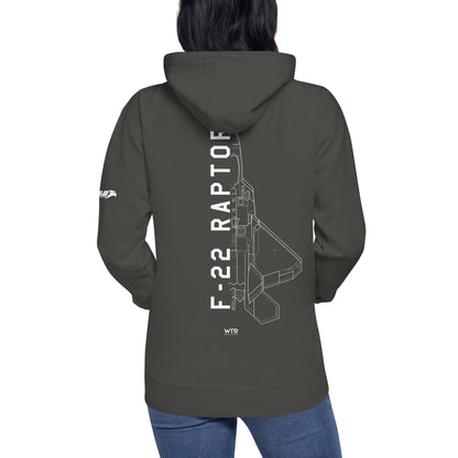 LOCKHEED MARTIN F-22 RAPTOR SCHEMATIC — hand-drawn UNISEX HOODIE artwork.