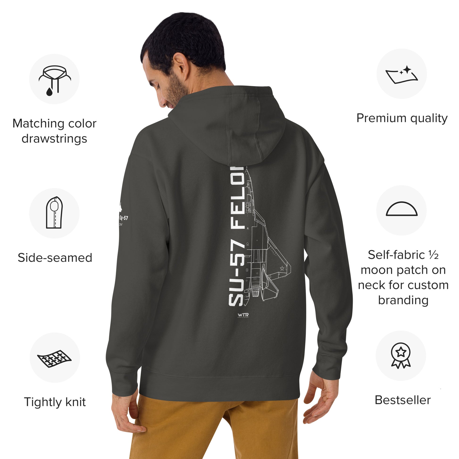 Hand-drawn schematic of the SUKHOI SU‑57 FELON printed on a unisex hoodie.