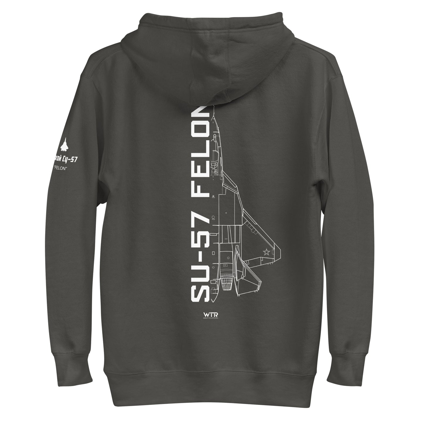 Hand-drawn schematic of the SUKHOI SU‑57 FELON printed on a unisex hoodie.