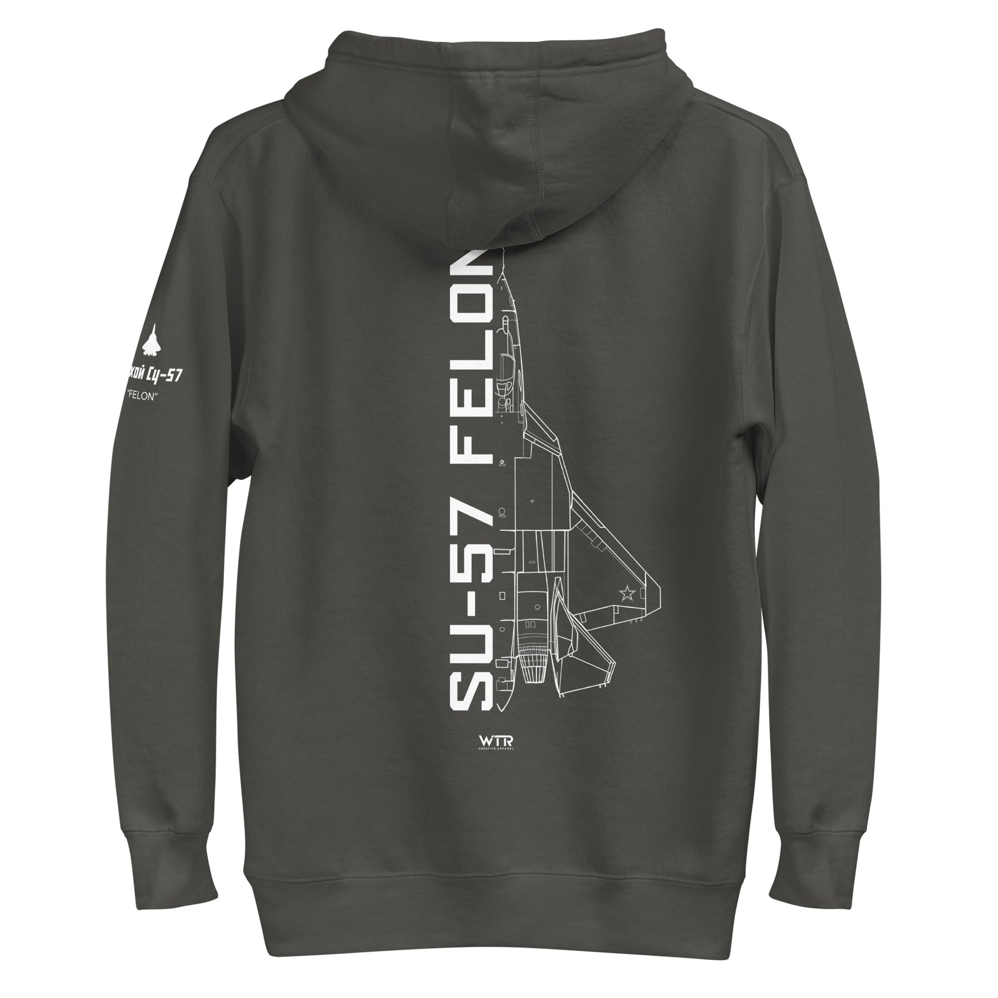 Hand-drawn schematic of the SUKHOI SU‑57 FELON printed on a unisex hoodie.