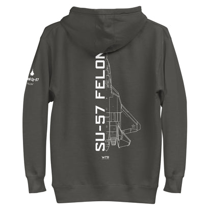 Hand-drawn schematic of the SUKHOI SU‑57 FELON printed on a unisex hoodie.