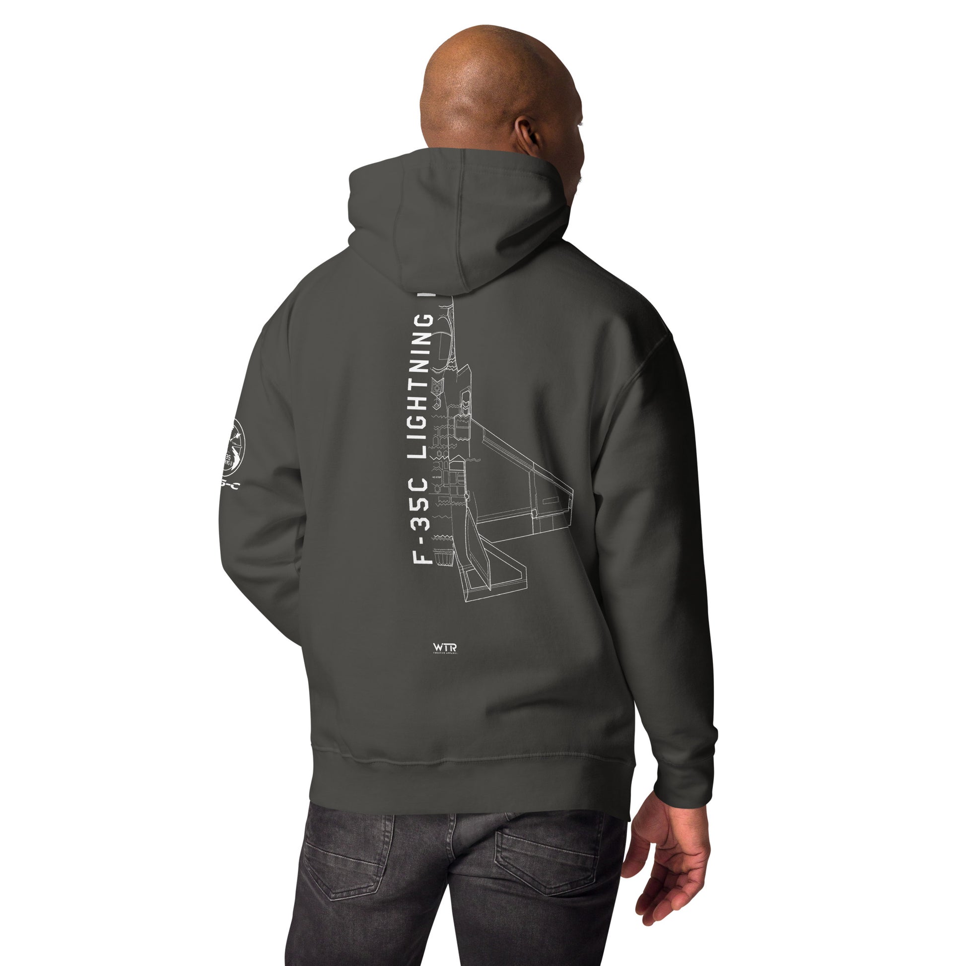 Hand-drawn schematic of the LOCKHEED MARTIN F-35C LIGHTNING II printed on a unisex hoodie.