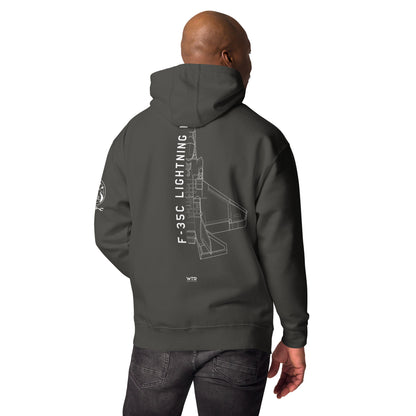 Hand-drawn schematic of the LOCKHEED MARTIN F-35C LIGHTNING II printed on a unisex hoodie.
