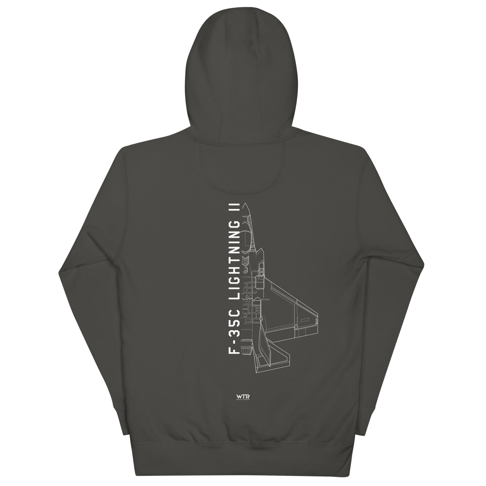 Hand-drawn schematic of the LOCKHEED MARTIN F-35C LIGHTNING II printed on a unisex hoodie.