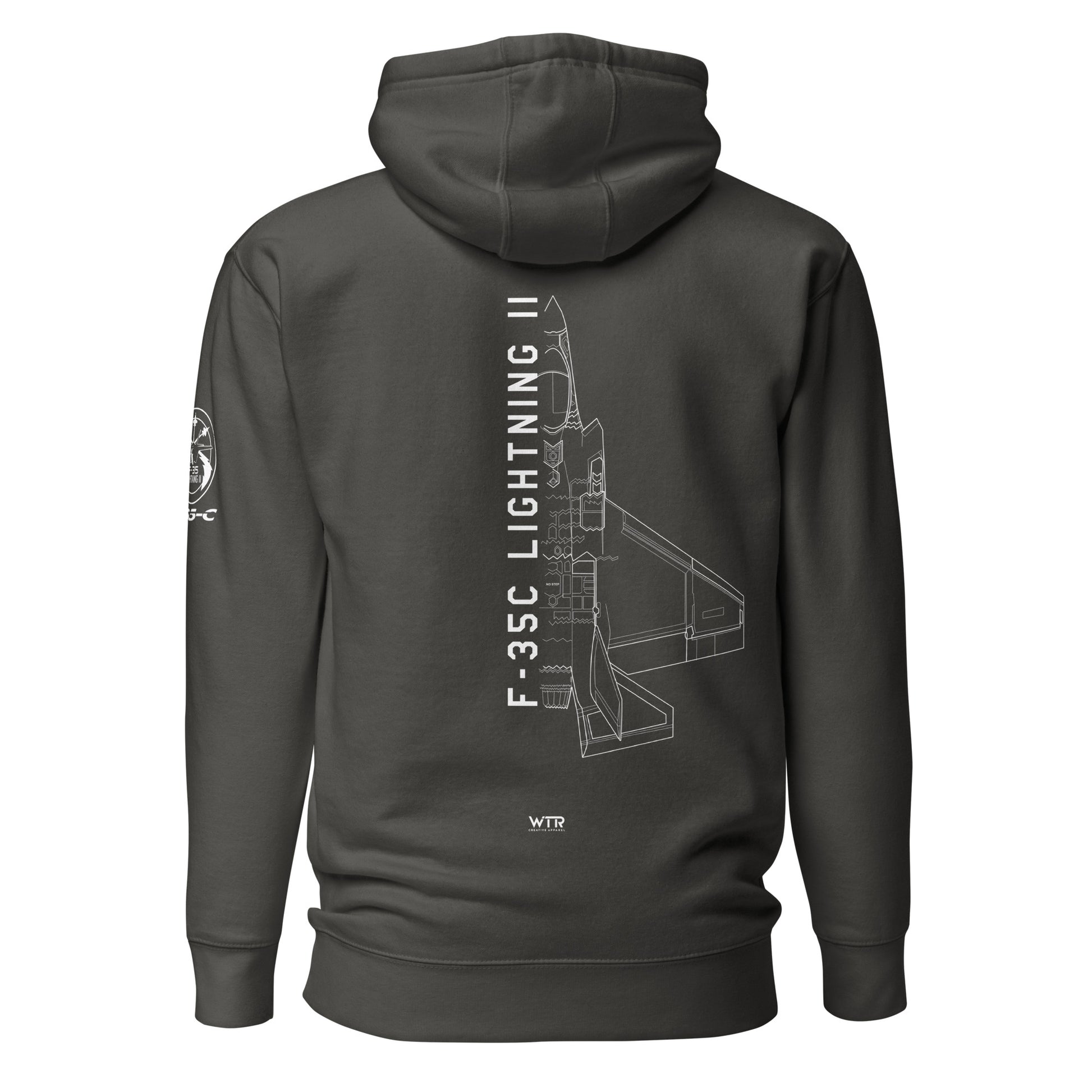Hand-drawn technical schematic of the Lockheed Martin F-35C Lightning II (CATOBAR) carrier fighter on a unisex hoodie.