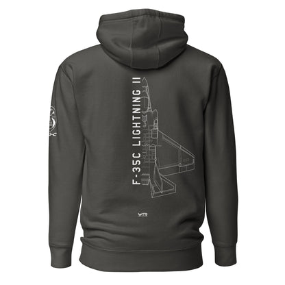 Hand-drawn schematic of the LOCKHEED MARTIN F-35C LIGHTNING II printed on a unisex hoodie.
