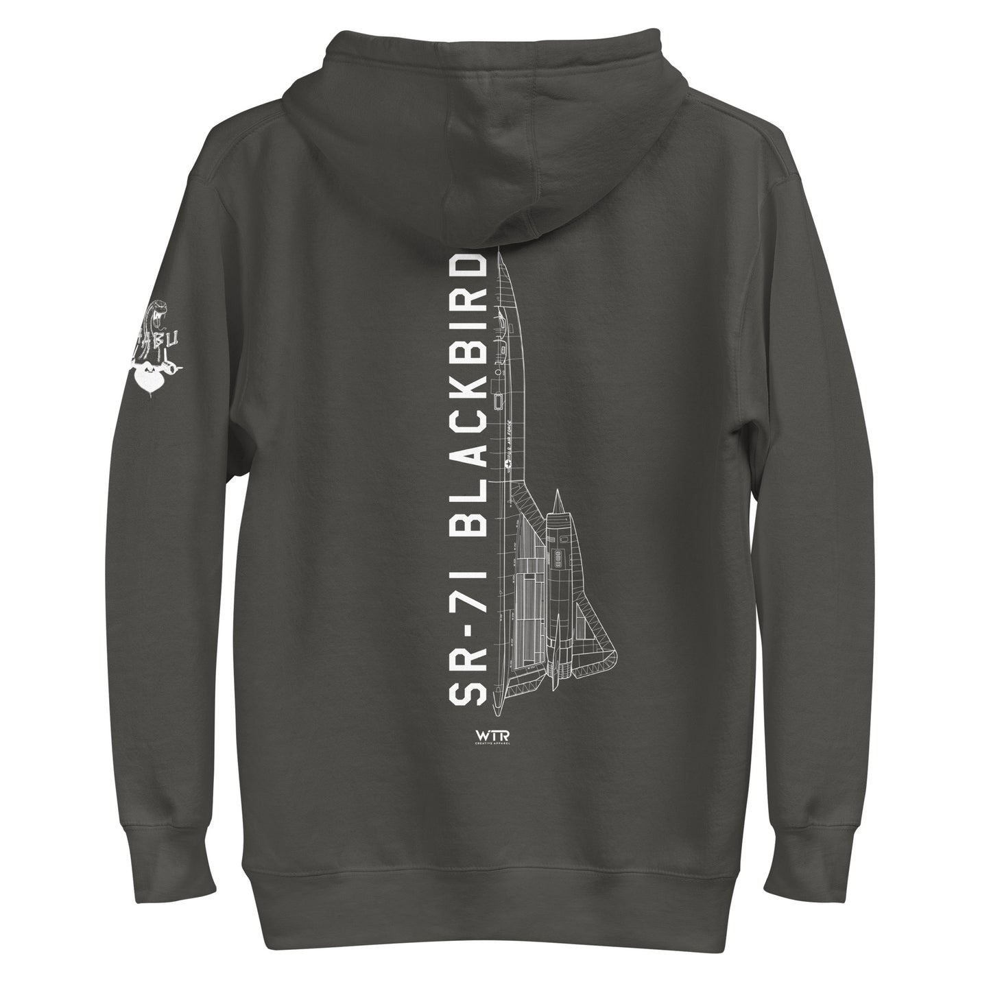 Hand-drawn schematic of the LOCKHEED MARTIN SKUNK WORKS SR-71 BLACKBIRD printed on a unisex hoodie.