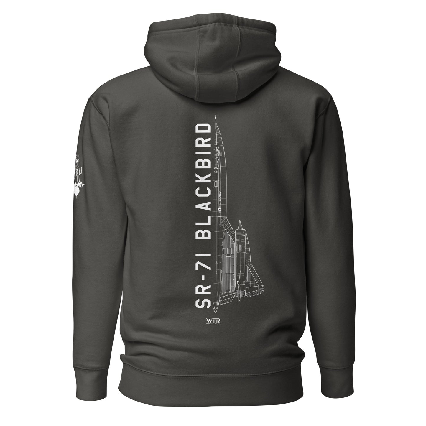 Hand-drawn schematic of the LOCKHEED MARTIN SKUNK WORKS SR-71 BLACKBIRD printed on a unisex hoodie.