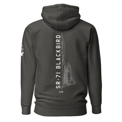 Hand-drawn schematic of the LOCKHEED MARTIN SKUNK WORKS SR-71 BLACKBIRD printed on a unisex hoodie.