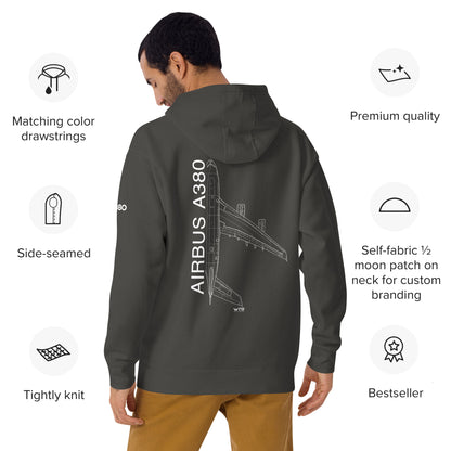 Hand-drawn schematic of the AIRBUS A380 SUPERJUMBO printed on a unisex hoodie.