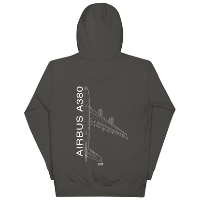 Hand-drawn schematic of the AIRBUS A380 SUPERJUMBO printed on a unisex hoodie.