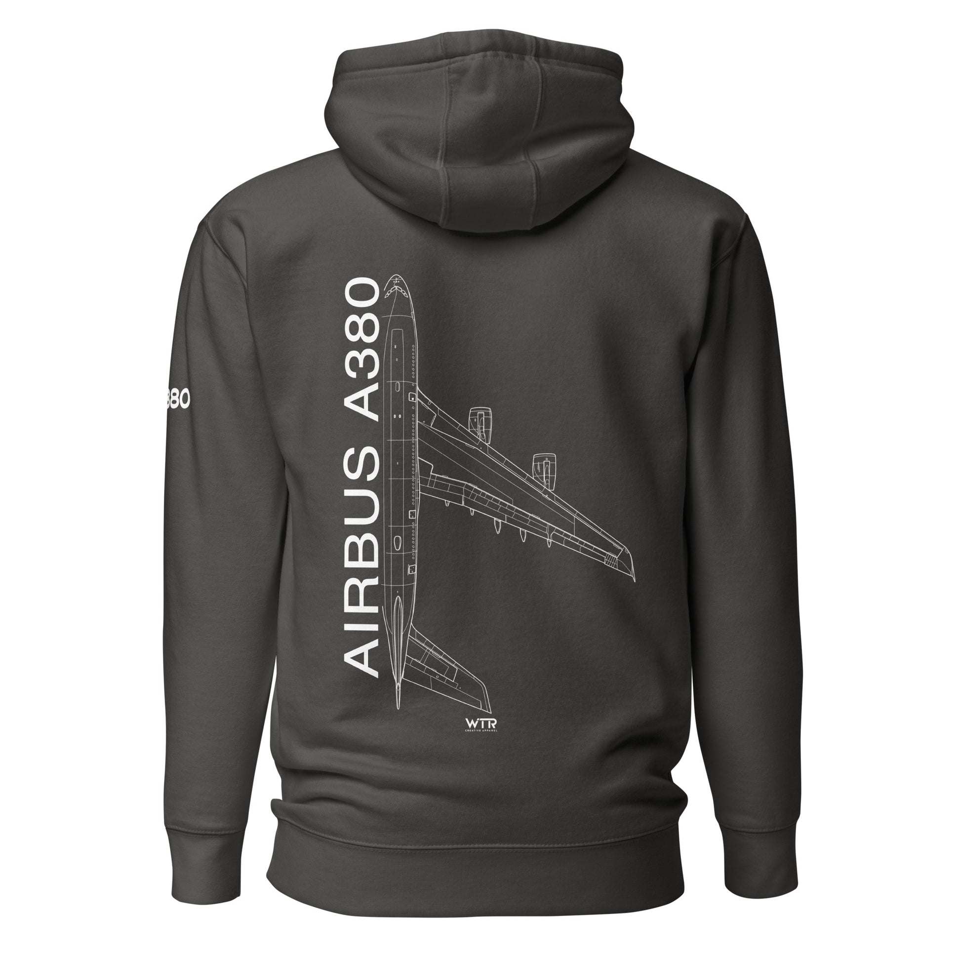 Hand-drawn technical schematic of the Airbus A380 SuperJumbo passenger airliner printed on a comfortable unisex hoodie.