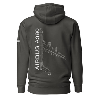 Hand-drawn schematic of the AIRBUS A380 SUPERJUMBO printed on a unisex hoodie.