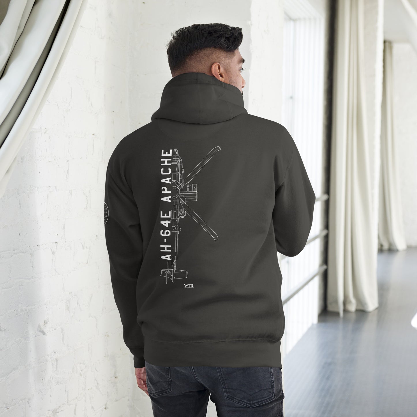 Hand-drawn schematic of the BOEING AH-64E APACHE GUARDIAN printed on a unisex hoodie.