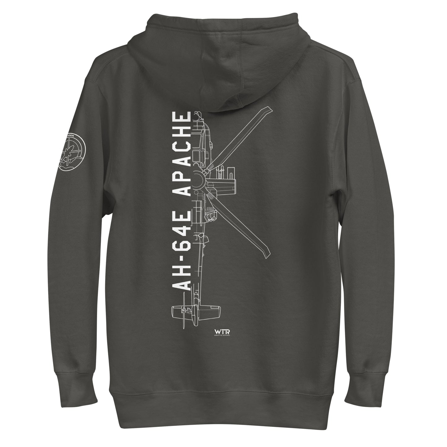 Hand-drawn schematic of the BOEING AH-64E APACHE GUARDIAN printed on a unisex hoodie.