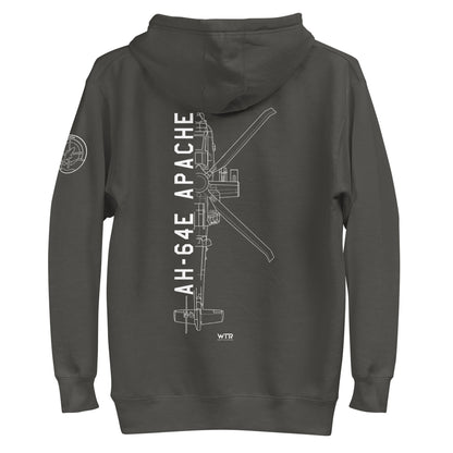 Hand-drawn schematic of the BOEING AH-64E APACHE GUARDIAN printed on a unisex hoodie.