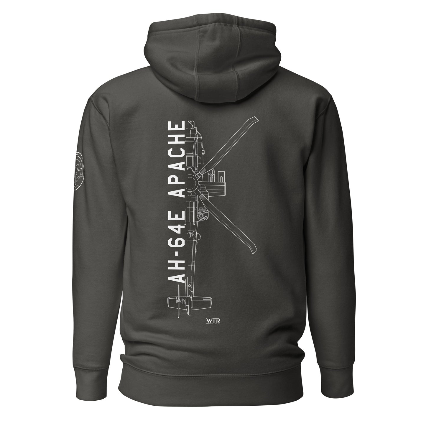 Hand-drawn schematic of the BOEING AH-64E APACHE GUARDIAN printed on a unisex hoodie.