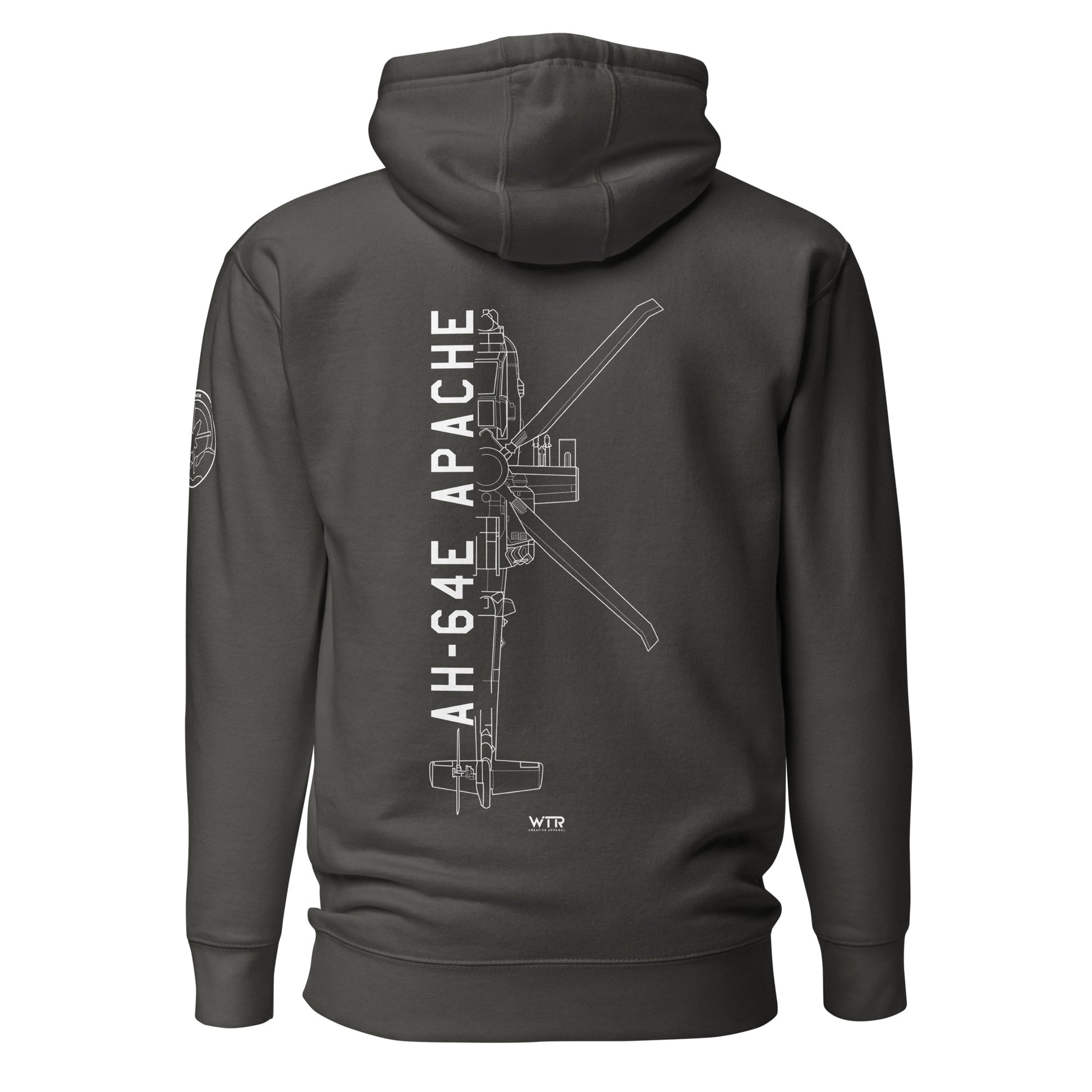 Hand-drawn technical schematic of the Boeing AH-64E Apache Guardian attack helicopter printed on a unisex hoodie.