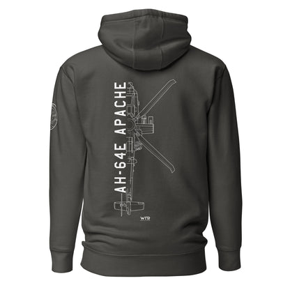 Hand-drawn schematic of the BOEING AH-64E APACHE GUARDIAN printed on a unisex hoodie.