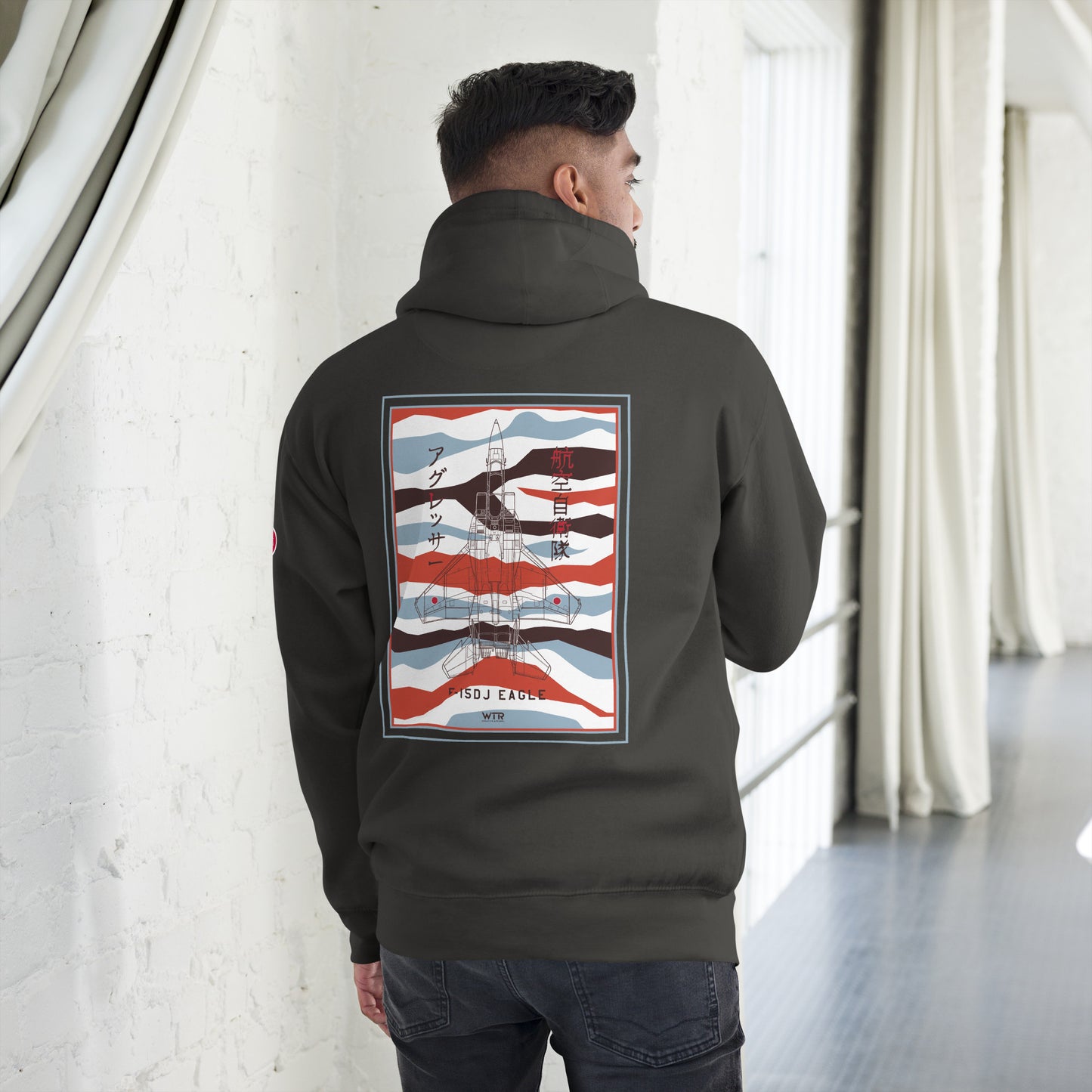 Hand-drawn schematic of the Mitsubishi F-15DJ Eagle Aggressor Minokasago Lionfish camouflage livery printed on a unisex hoodie.