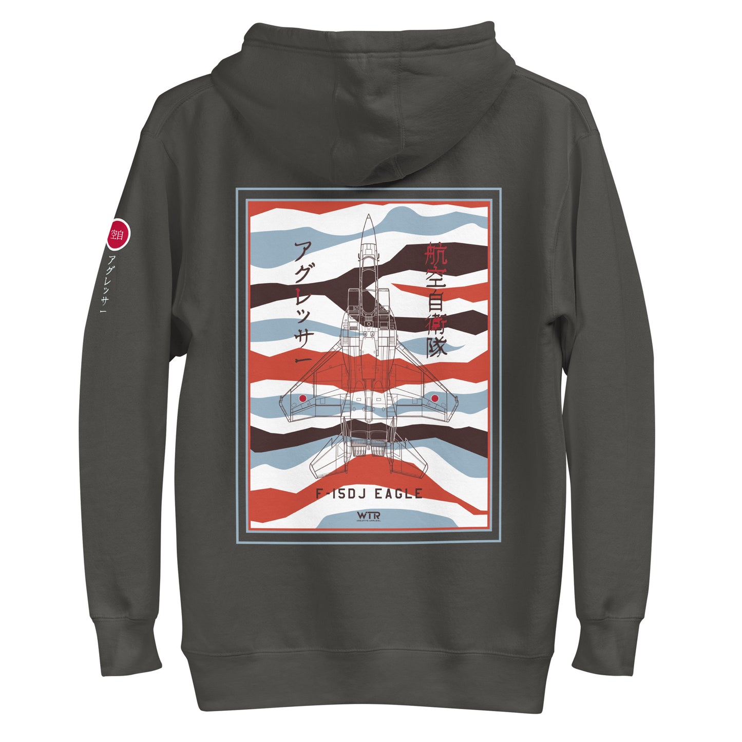 Hand-drawn schematic of the Mitsubishi F-15DJ Eagle Aggressor Minokasago Lionfish camouflage livery printed on a unisex hoodie.